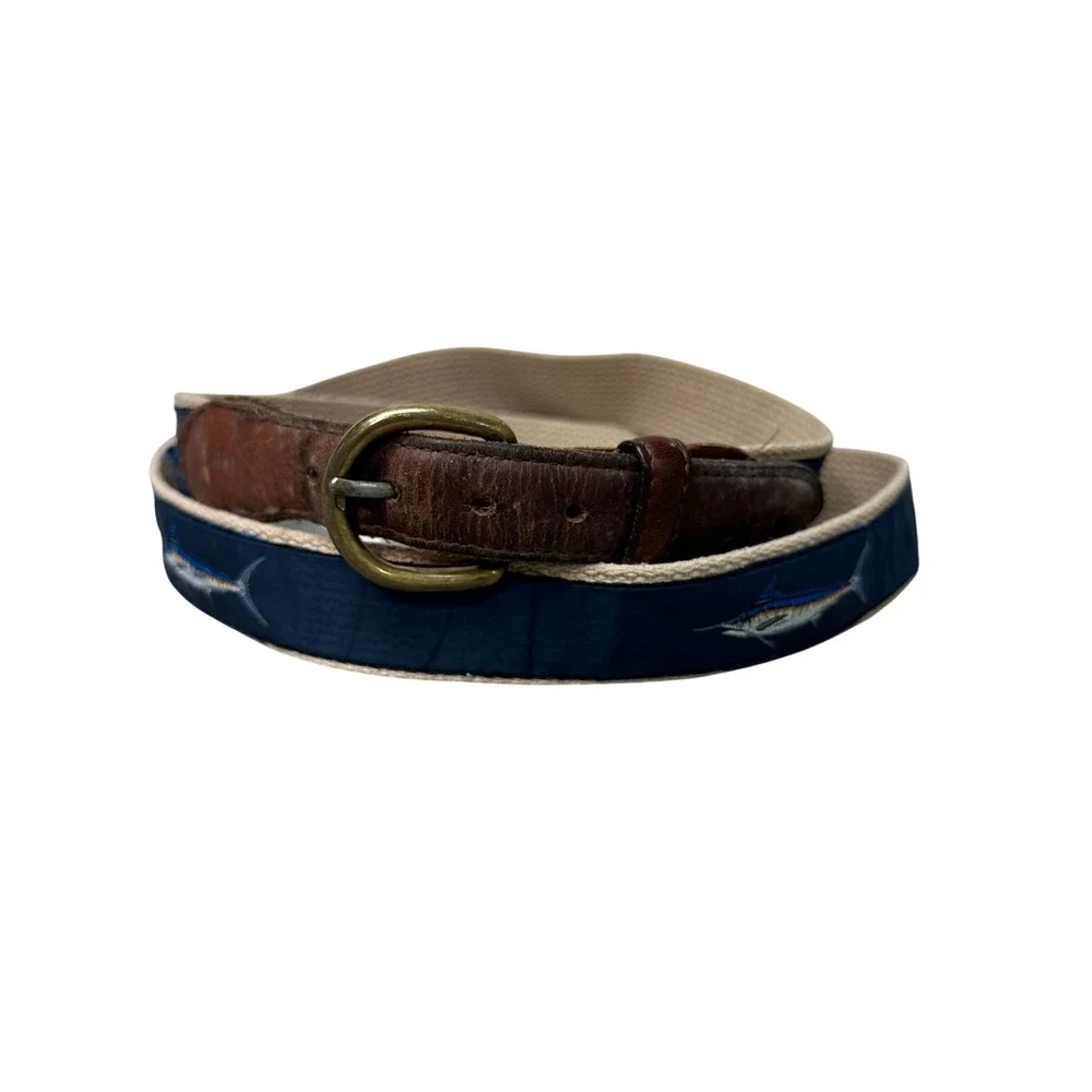 Mens Marlin Fish Webbed Belt Brown Leather Navy Blue Canvas Nautical Size 46